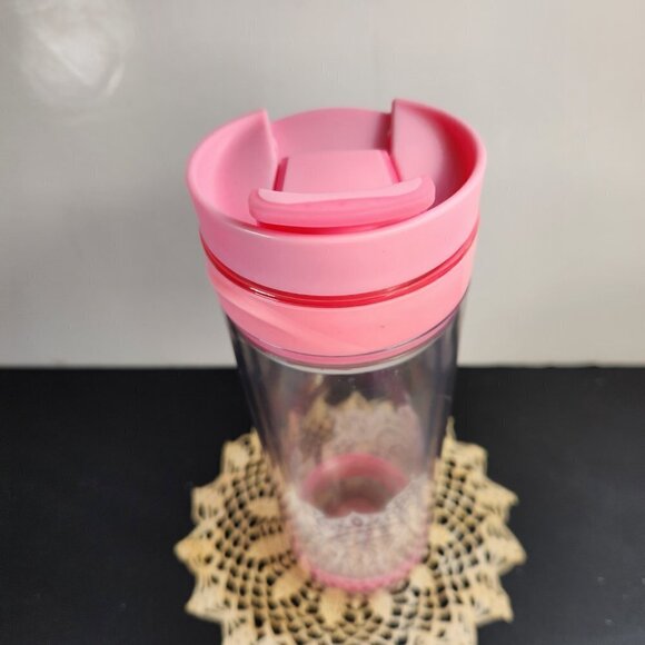 Davids Tea Travel Tumbler Infuser Clear Travel Mug w White Design and Pink Lid - Picture 2 of 10